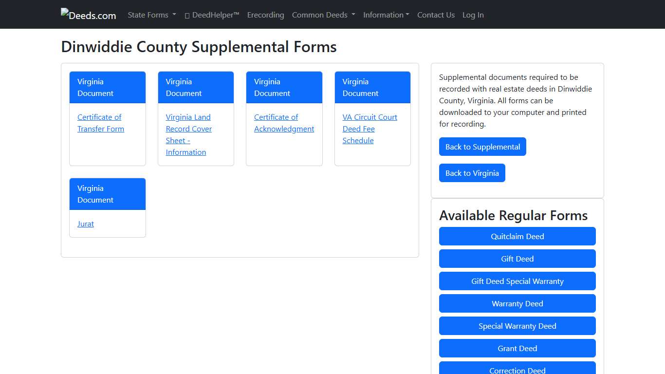 Dinwiddie County, Virginia Supplemental Real Estate Deed Forms | Deeds.com